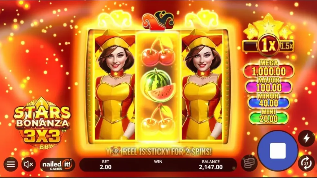 Tampilan visual slot Stars Bonanza 3x3 dengan tema buah dan kosmik